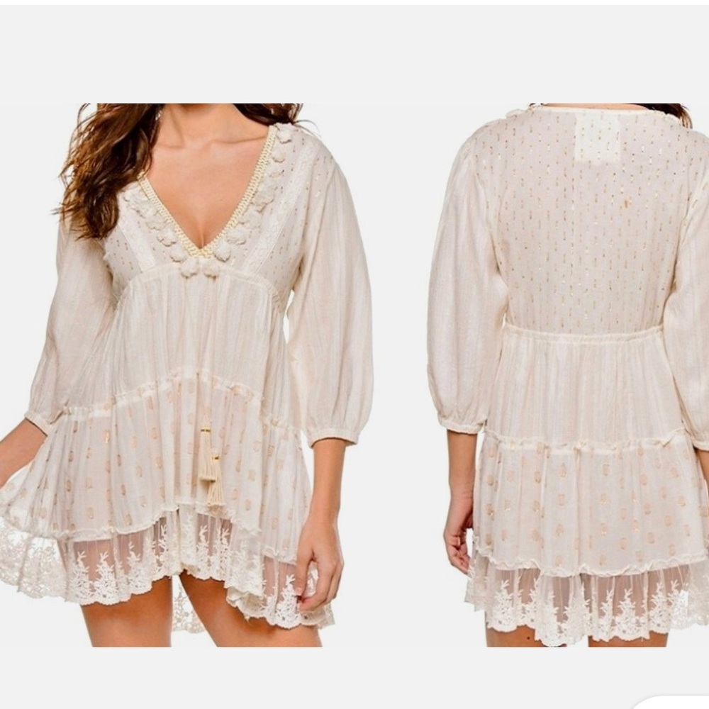 New Z&L EUROPE Tassels Lace Trim Tiered Airy-Cotton cover up in Ivory-Gold M